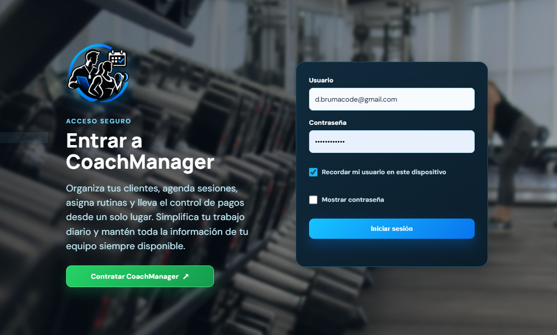 Pantalla de acceso de CoachManager para administrar clientes, sesiones, rutinas y pagos