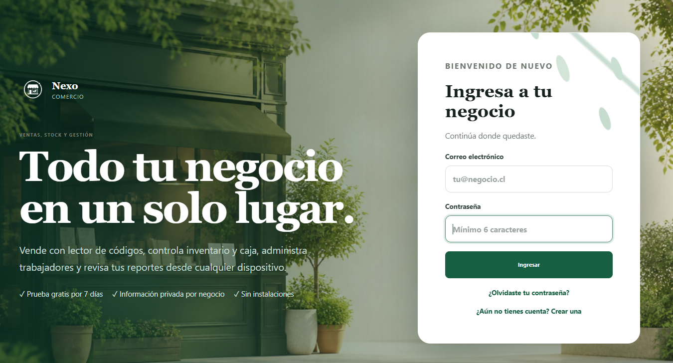 Vista pública de Nexo Comercio, software de ventas, stock y gestión